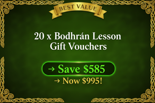 Make this text into a poster Best Value Christmas Offer
10 x Bodhrán Lesson Gift Vouchers
Was $790 → Save $195→ Now $595!