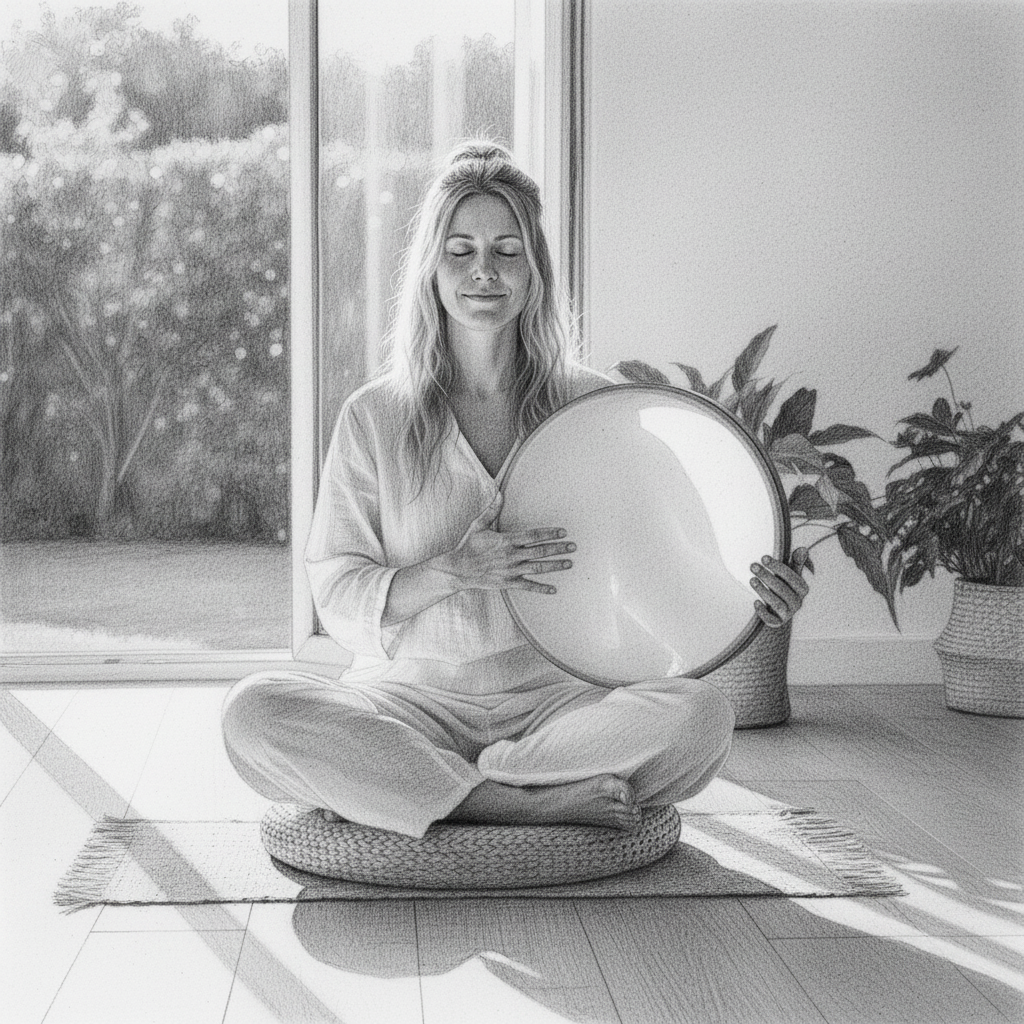 Woman playing a 16-inch frame drum during a meditation session