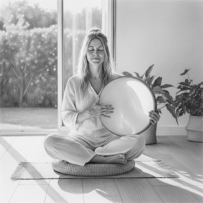 Woman playing a 16-inch frame drum during a meditation session