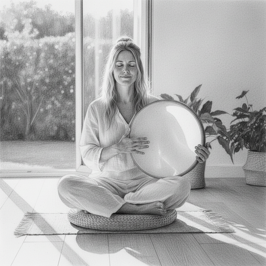 Woman playing a 16-inch frame drum during a meditation session