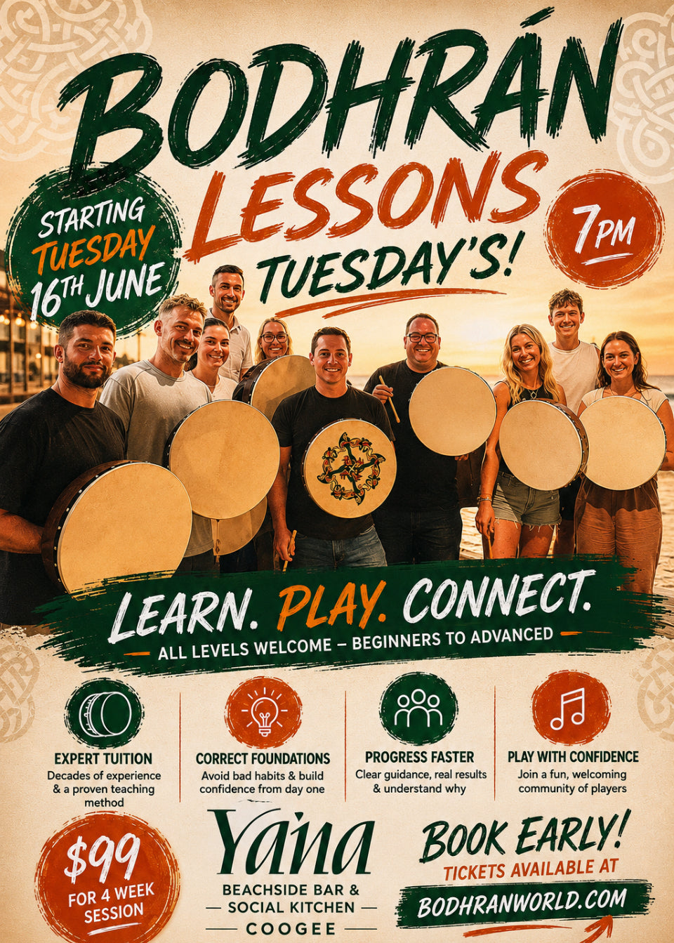 NEW EVENT! Bodhran Classes at YANA Coogee 4 X Sessions SPECIAL OFFER!