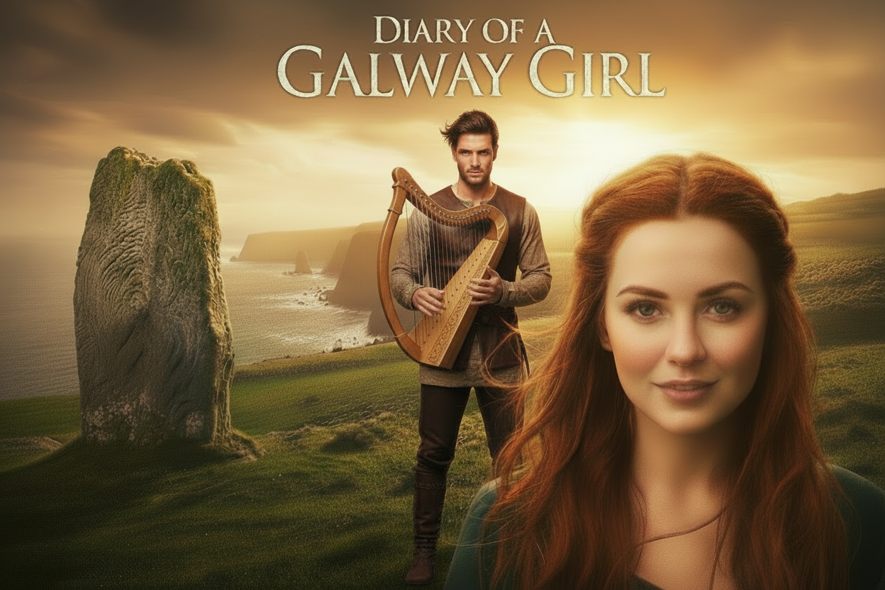 DIARY OF A GALWAY GIRL — big bold title.
Where Will She Take You? — tagline. BOOK COVER
Real photo look.
Beautiful woman with green eyes, smiling, proud, in the foreground.
Irish landscape: rolling green hills, misty cliffs, soft golden light.
Ancient standing stone behind her.
Text on poster: DIRECTED BY KEVIN KELLY — STARRING AOIFE KILROY.
Mood: mystical, cinematic, Irish fantasy realism.