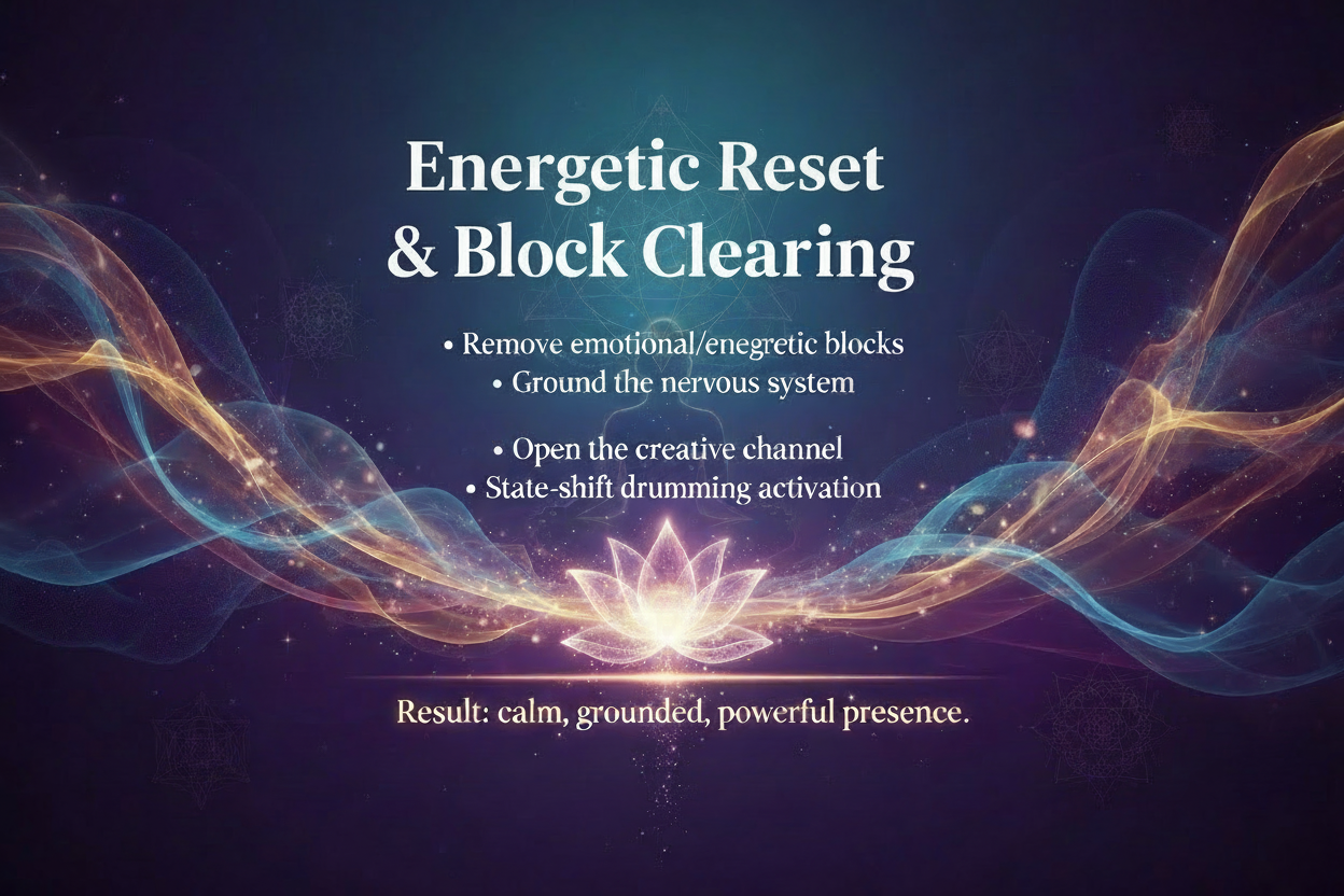 Display the following text on a great themed background WEEK 1 — Energetic Reset & Block Clearing
• Remove emotional/energetic blocks
• Ground the nervous system
• Open the creative channel
• State-shift drumming activation
Result: calm, grounded, powerful presence.