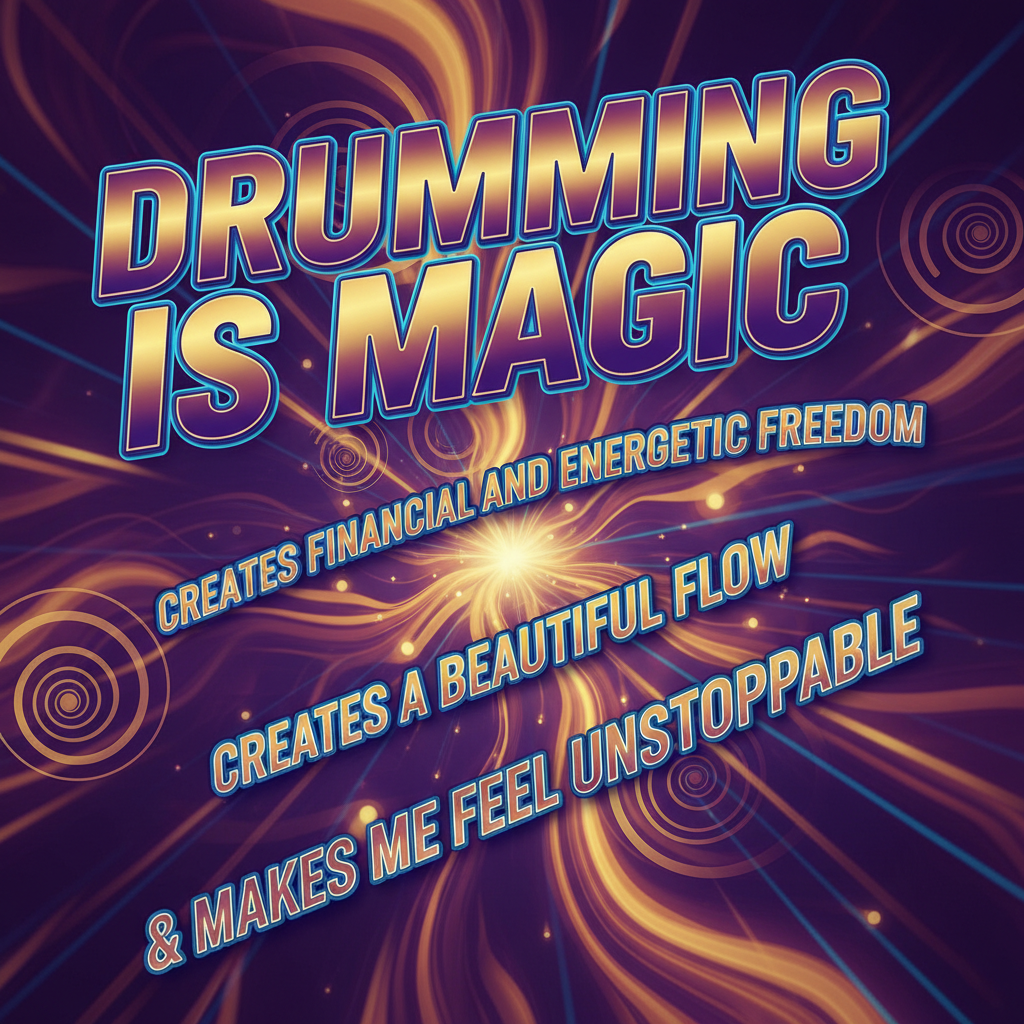 Drumming is  
make an amazing poster with this text MAGIC, 
CREATES FINANCIAL AND ENERGETIC FREEDOM 
CREATES A BEAUTIFUL FLOW 
& MAKES ME FEEL UNSTOPPABLE 
