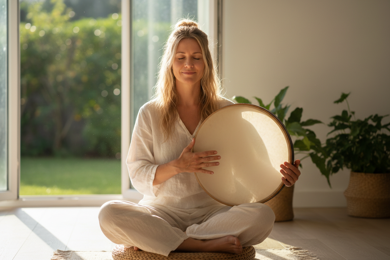 generate an image of a lady with blonde hair meditation with a frame drum
