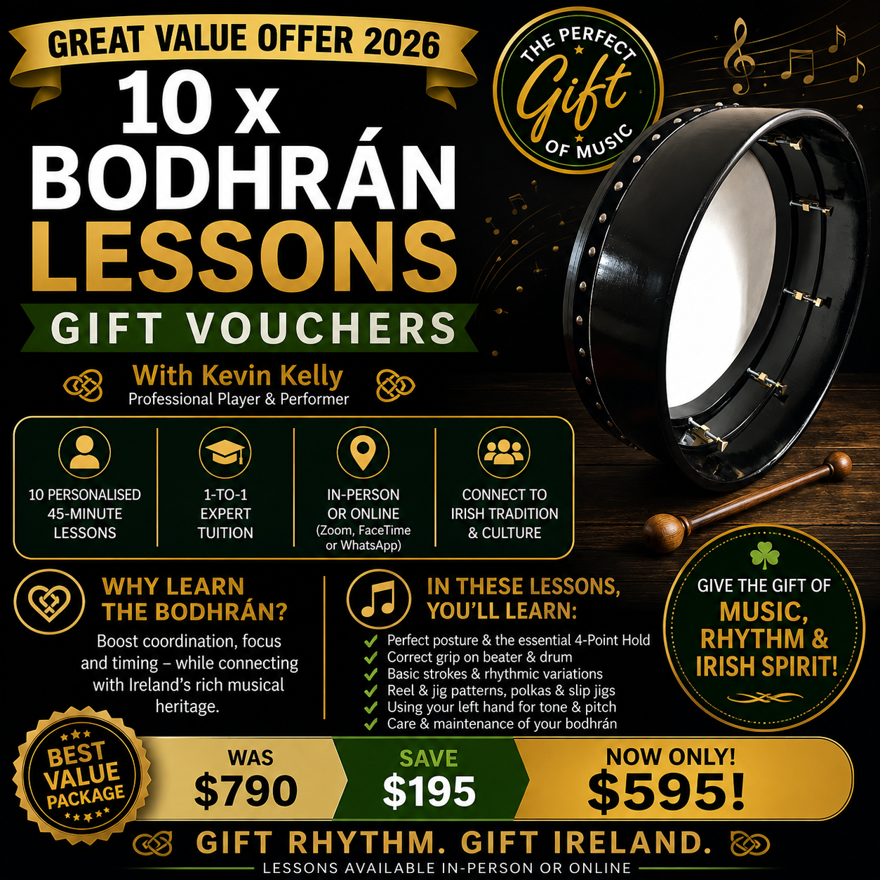 10 x Bodhran Lessons - GREAT VALUE OFFER