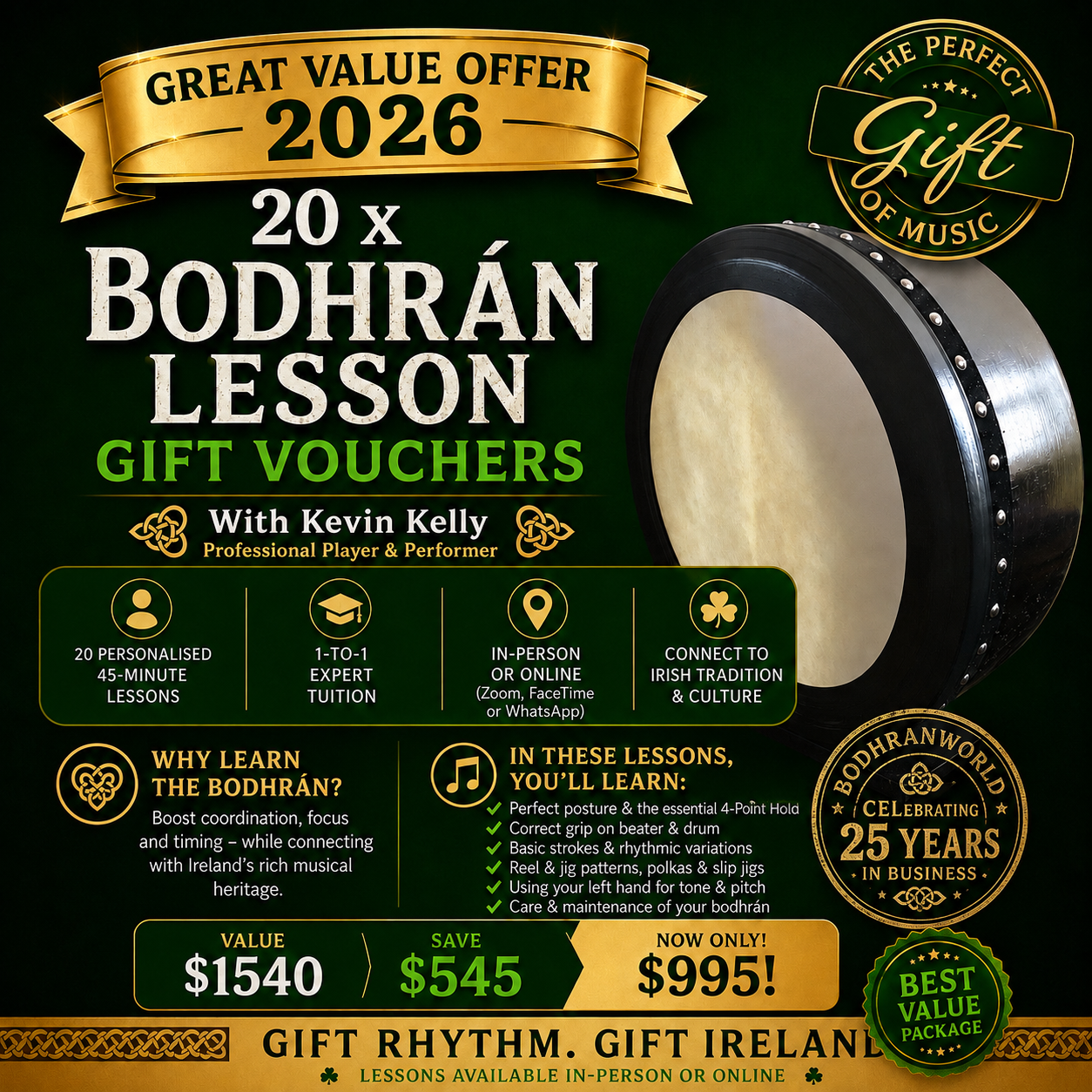 20 Online Bodhrán Lessons - Online or In-Person lesson