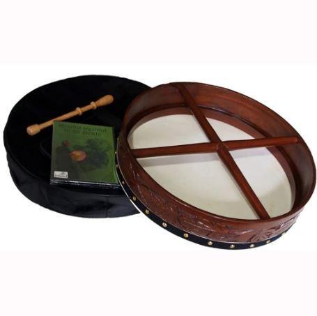 16″ Rosewood Hand Carved Bodhrán Drum with durable Canvas Carry Case, DVD lessons and Tipper